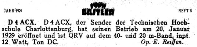 Annonce im Heft "Funkbastler", welche den Betriebsstart von D4ACX zum 20. Januar 1929 ankündigt.